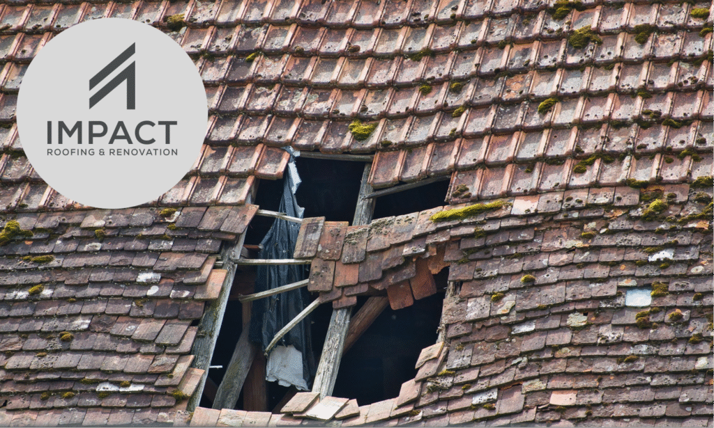 Austin Texas damaged roof with Impact Roofing & Renovation logo