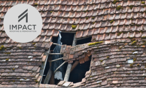 Austin Texas damaged roof with Impact Roofing & Renovation logo