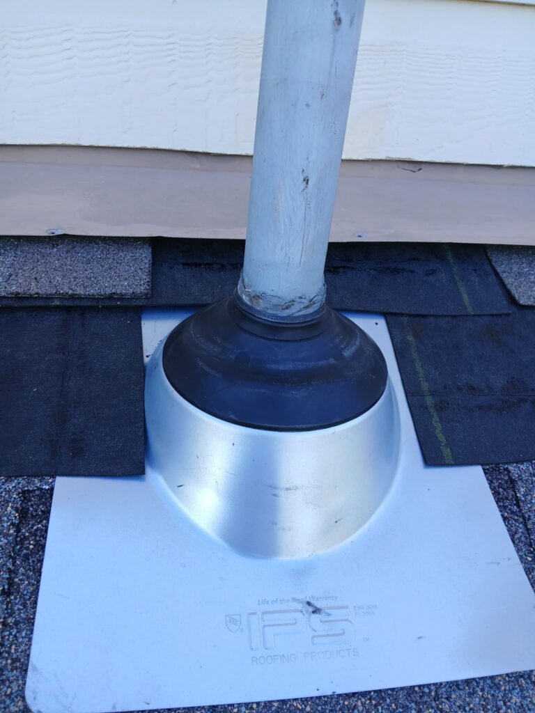 Boot for a vent pipe, also known as a vent boot or a pipe boot, on an Impact Resistant Roofing client's home.