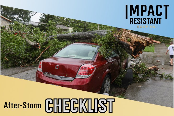 Critical Austin Storm Damage Checklist: Don’t Miss These Steps After a Storm Hits 1 Fallen trees from a storm onto roofs and a red car, showing the need for Lakeway's after-storm checklist by Austin storm damage recovery experts Impact Resistant Roof