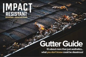 Blogs 6 Image of clogged gutters with text Gutter Guide - it's about more than aesthetics...what you don't know could be disastrous!